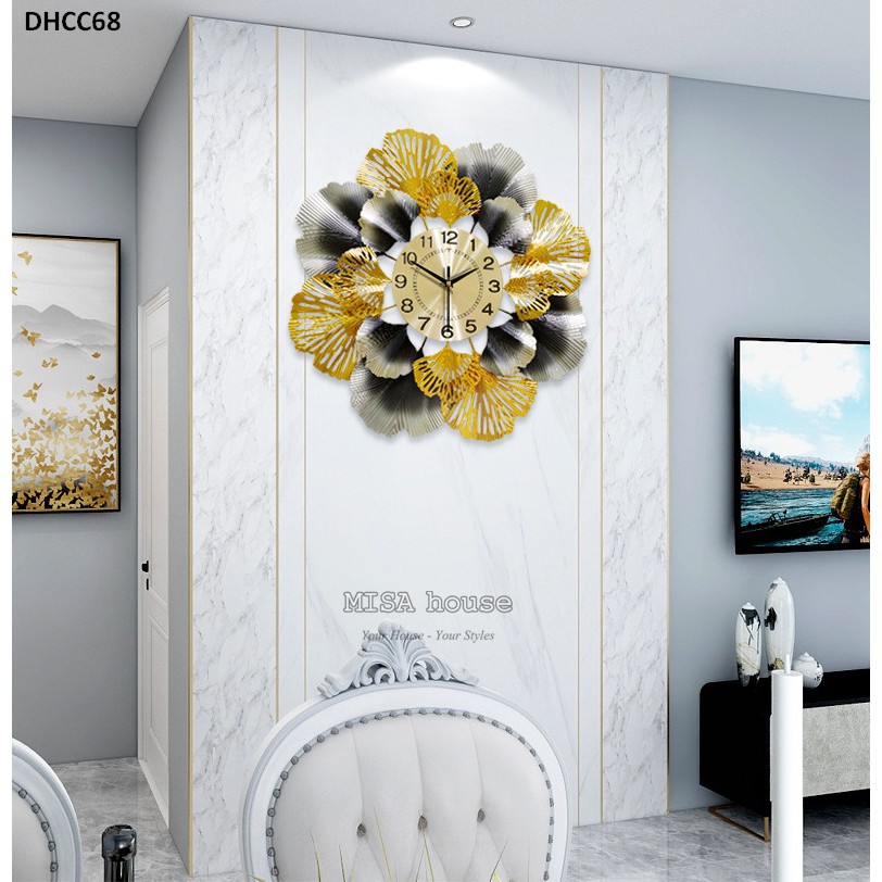 (BH 5 năm) Đồng hồ treo tường đẹp cao cấp hình hoa trà size lớn màu vàng xám siêu đẹp Misa House