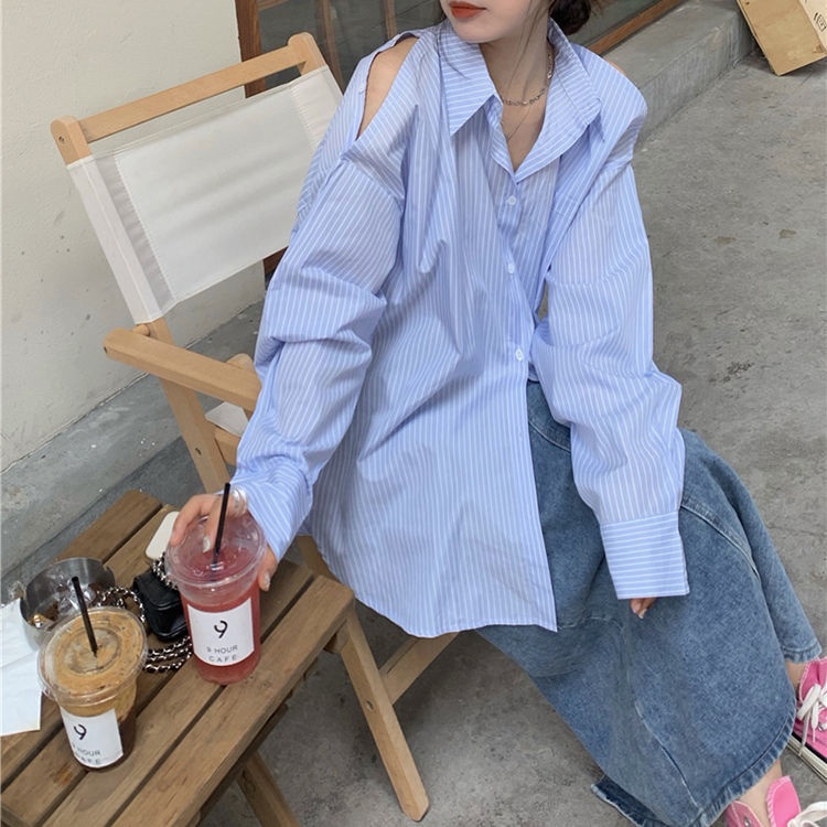 Áo sơ mi nữ tay dài trễ vai họa tiết sọc thời trang