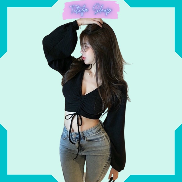 Áo Croptop Rút Dây Tay Phồng Bo Gấu Cổ V Chất Vải Thun Mềm Mại - Titifa Shop