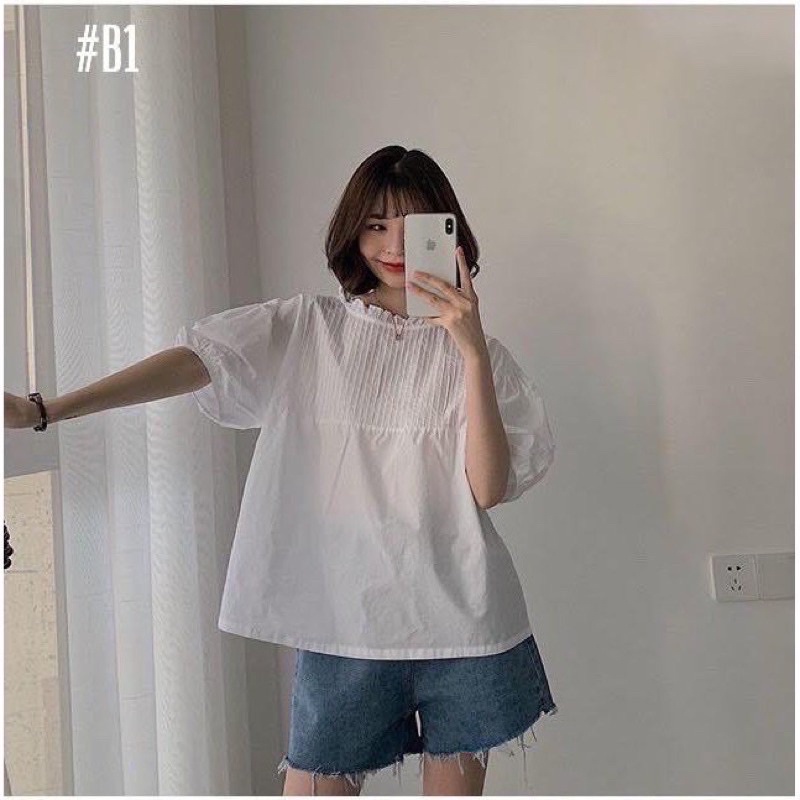 (ảnh thật ở cuối) Áo babydoll lỡ tay xếp li 2 màu cho nữ