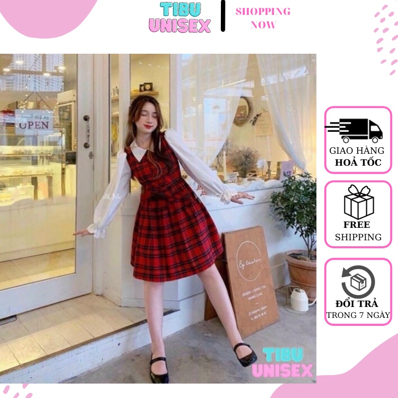 Váy Yếm Tiểu Thư Kẻ Caro Nữ TIBU phong cách Hàn Quốc siêu xinh