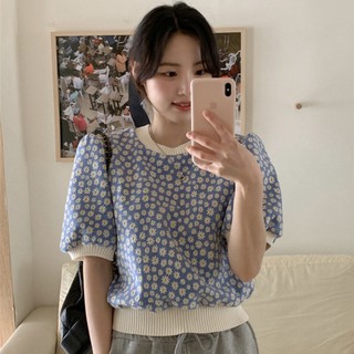 Áo Nữ Tay Phồng Cổ Tròn Họa Tiết Hoa Cúc Thời Trang