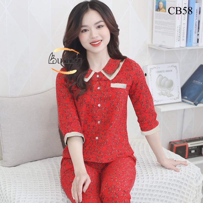 Đồ bộ nữ mặc nhà chất liệu Chà Bông mặt mịn dày dặn, cổ kép họa tiết xinh fom dáng đẹp