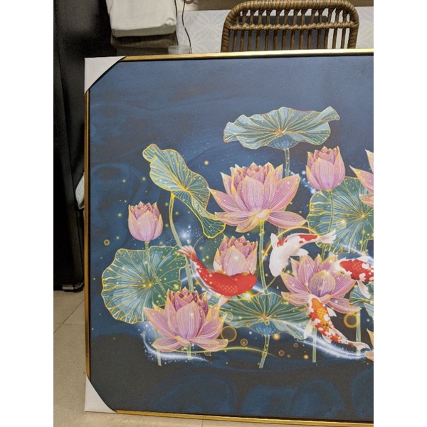 Tranh Canvas | Cửu Ngư Hoa Sen 1FHLANS004 | Tranh Căng Khung Cao Cấp | Tặng Kèm Đinh Đa Năng
