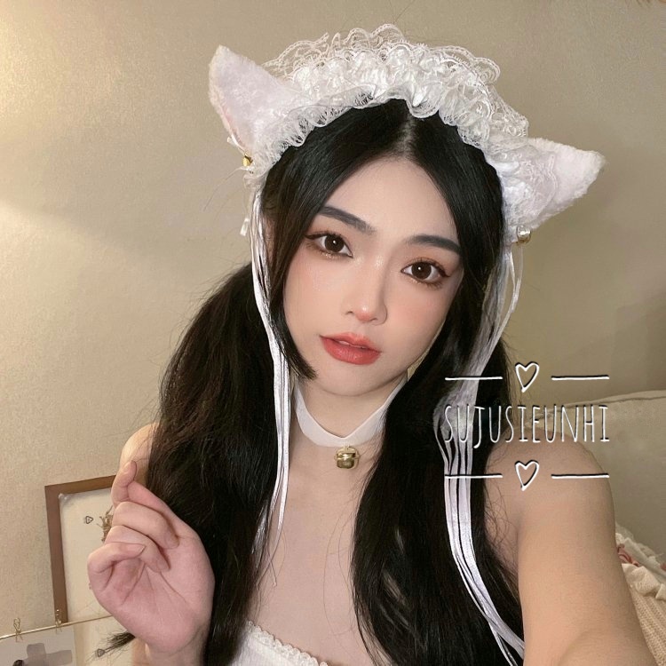 (đen,trắng) Bờm tóc tai mèo đính chuông buộc nơ tua rua thả dài dễ thương, băng đô cosplay nekochan