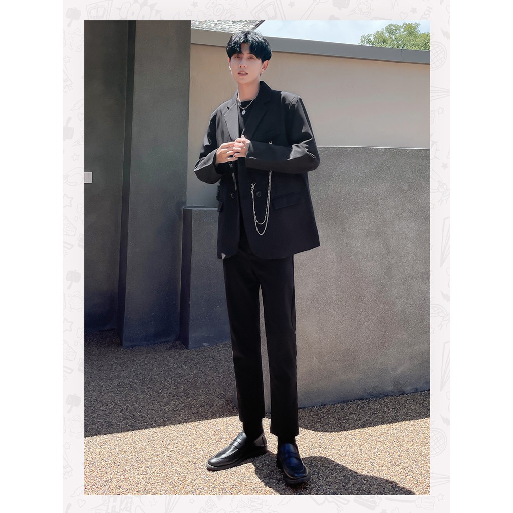 Áo khoác nam cổ Vest. Áo Blazer nam màu đen size XL phối dây xích cá tính.