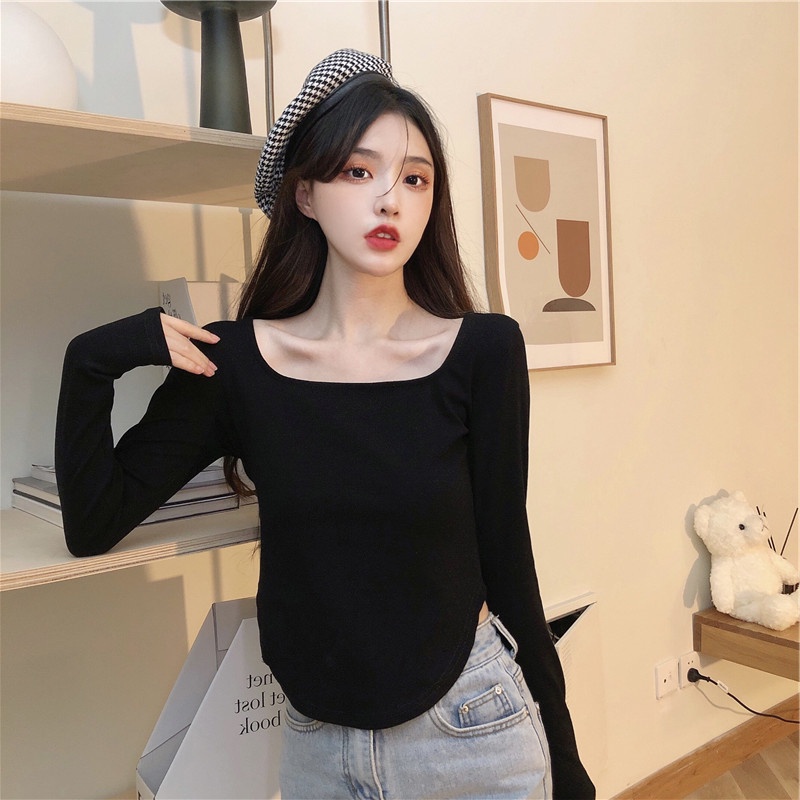 NRVP Áo thun nữ dài tay dáng rộng màu trơn thời trang Hàn Quốc