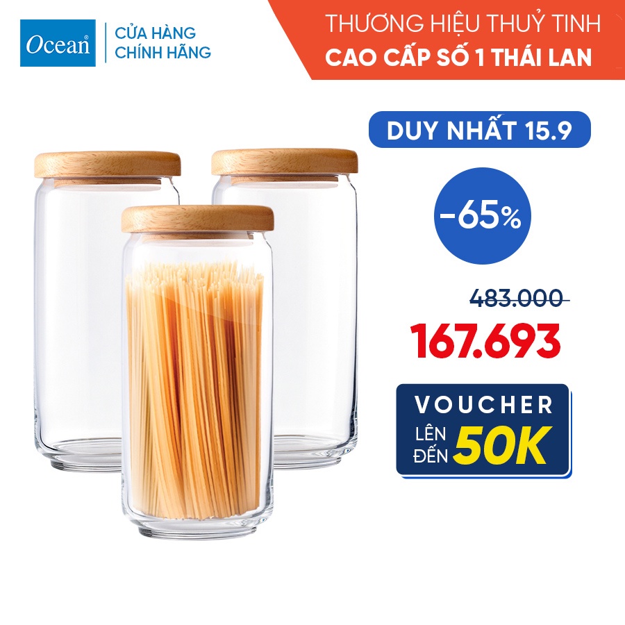Bộ 3 Hũ Thủy Tinh Nắp Gỗ - Ocean Pop Jar 1000ml - Chính Hãng