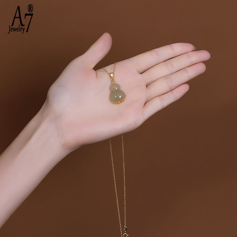 Vòng cổ Bạc S925 Mặt Ngọc Bích Xanh Lá Phong Cách Fu Lu Shou Khí Chất Cho Nữ