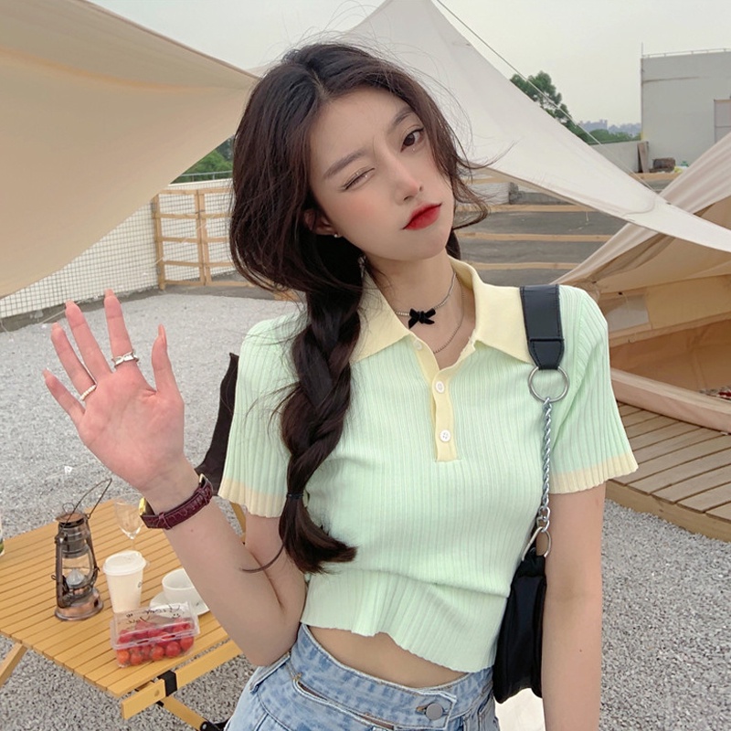 Áo dệt kim NRVP ngắn tay cổ bẻ thời trang phong cách