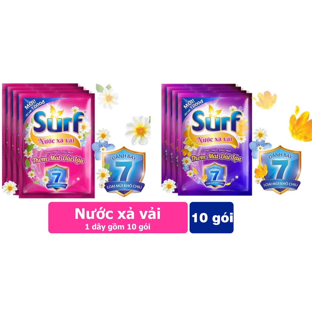 [Hoả Tốc] Nước Xả Vải SURF dây 10 gói x 27ml Khử Mùi Hương Hoa Lan Tỏa (Hồng) và Hương Hoa Lôi Cuốn (Tím) 27 ml