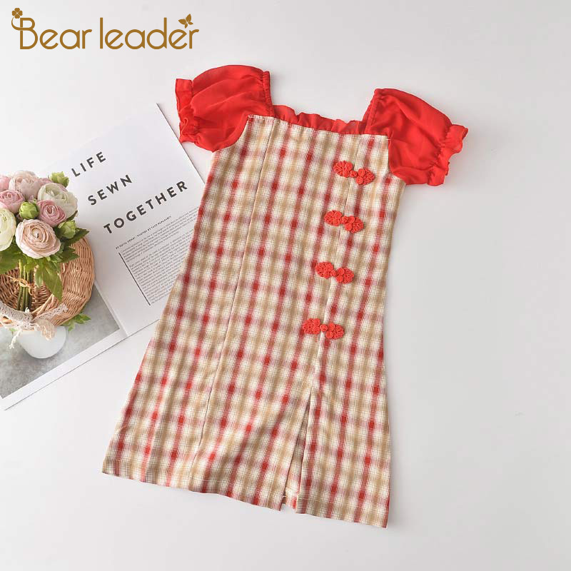 Đầm dự tiệc BEAR LEADER in họa tiết kẻ sọc ca rô in hình gấu dành cho bé gái 7-13 tuổi