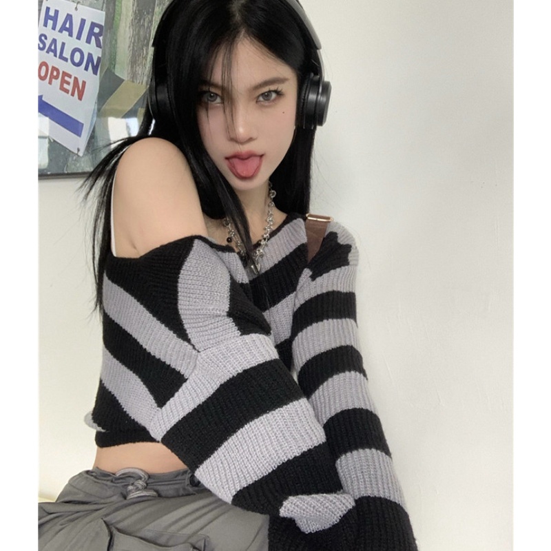 Áo Len Tay Dài Cổ Tròn Họa Tiết Sọc Ngang Thời Trang Dành Cho Nữ