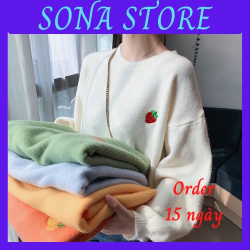 Áo len nữ form rộng hàn quốc dài tay cổ tròn hoa quả màu pastel chất đẹp siêu xinh dễ thương hàng quảng châu cao cấp