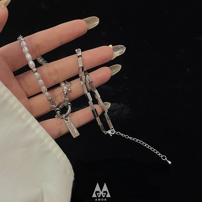 Vòng Tay Hai Mảnh Bằng Thép Không Gỉ Đính Hạt Ngọc Trai Thiết Kế Nhỏ Nhắn Đơn Giản Chất Lượng Cao