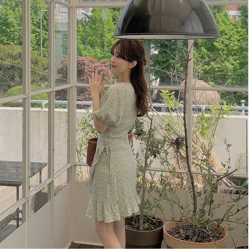 SUXI Đầm Tay Ngắn Cổ Tròn Hoạ Tiết Hoa Phong Cách Hàn Quốc