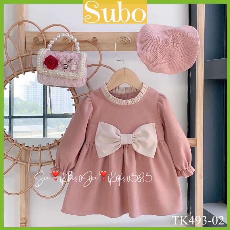 Váy xòe cho bé chất Nhung Lì cổ bèo siêu xinh phối nơ đáng yêu_ Váy bé gái thu đông từ 8- 18 kg