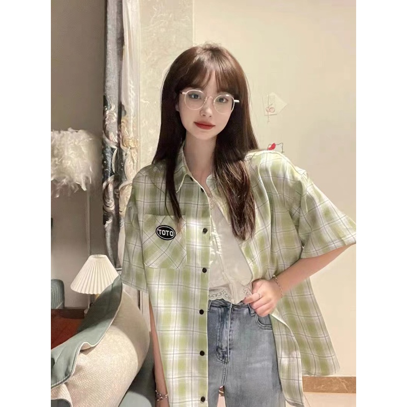 Áo Sơ Mi Tay Ngắn Họa Tiết Sọc Caro Thời Trang Phong Cách Hàn Quốc Cho Nữ