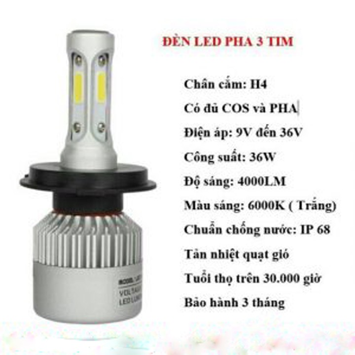 Đèn Pha Led C6 3 Tim Chân H4 loại tốt Gắn Cho Nhiều Loại Xe DTT