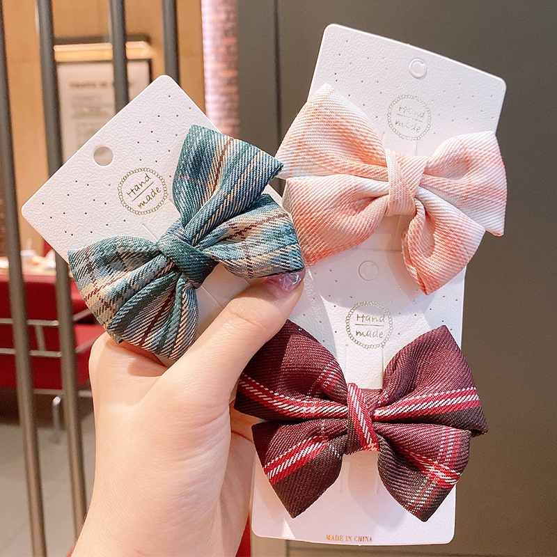 Kẹp tóc nơ họa tiết sọc caro dễ thương phong cách Hàn quốc