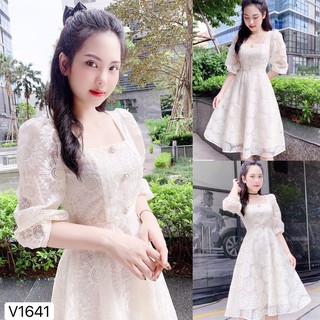 Váy xòe kem hoa cúc V1641, váy xòe, váy xòe đầm dáng xòe, váy xòe trắng, váy trắng nữ, váy xòe đẹp