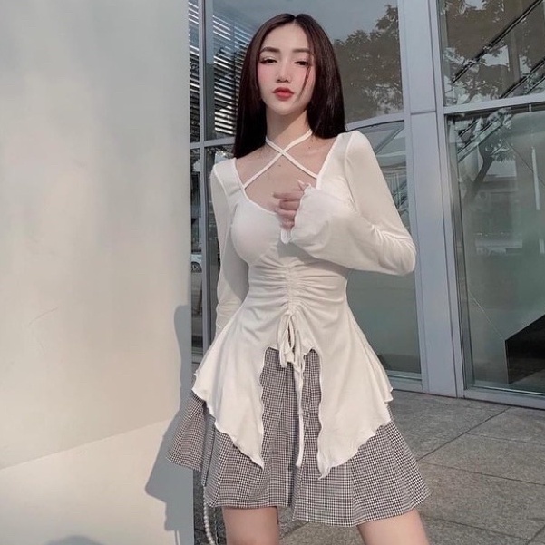 Áo Thun Kiểu Nữ Xòe Dây Rút Trước Tay Loe Dây Chéo Cô Siêu Đẹp Beveda