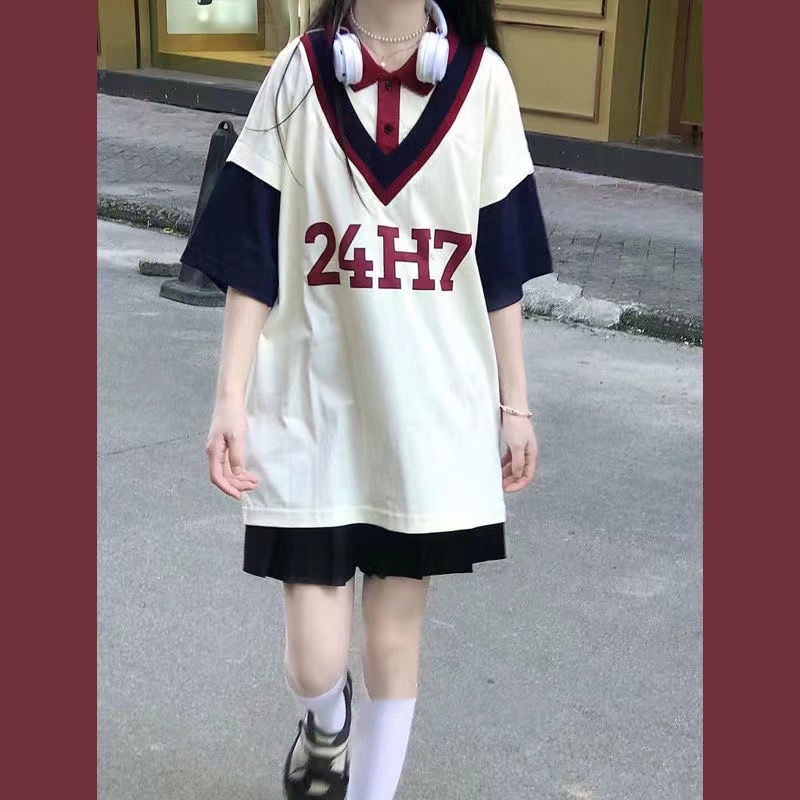 Set Áo Thun POLO Ngắn Tay + Chân Váy Xếp Ly Màu Đen Phong Cách Nhật Bản Thời Trang Mùa Hè Cho Nữ