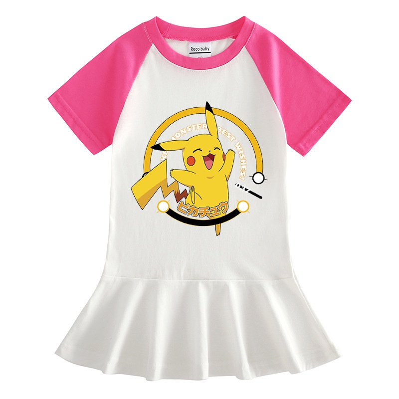 Hoạt Hình Đầm cotton Tay Lỡ Xếp Ly In Hình pikachu Dễ Thương Cho Bé Gái
