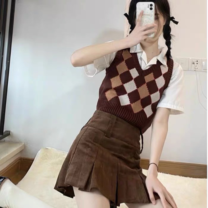 Chân váy xếp ly ngắn bản to Hàn Quốc chất nhung tăm dày dặn màu nâu tây cực hot, chân váy tennis dáng chữ A