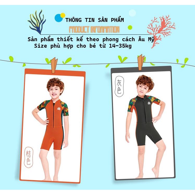 Bộ đồ bơi bé trai giữ nhiệt DIVE &amp; SAIL cao su non dày 2.5mm phối hình lá dây kéo phía trước tiện lợi M150606K