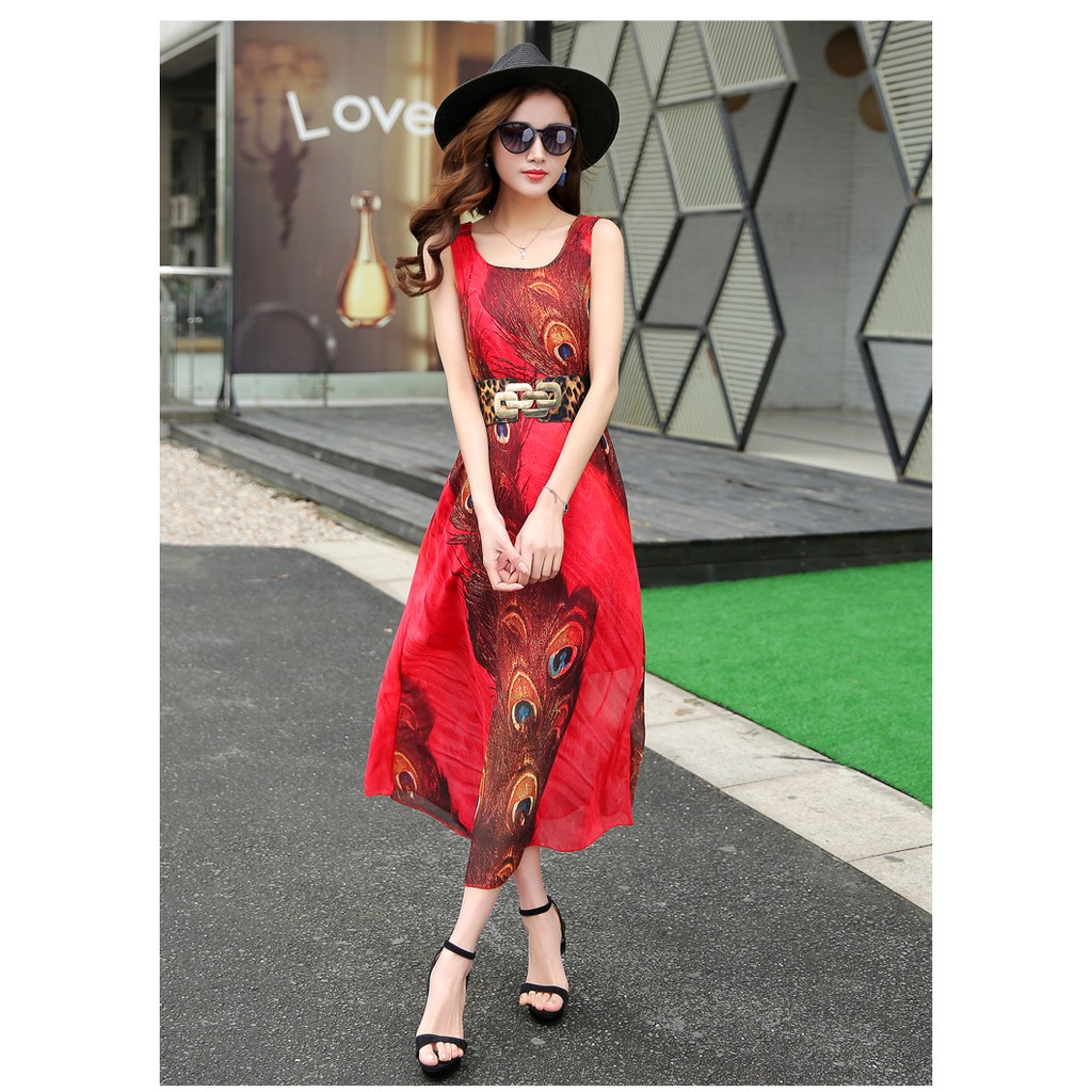 Đầm maxi đi biển ,quà tặng kèm belt, họa tiết chim công, chất vải chinfon mịn rủ mát, mã sản phẩm 01272