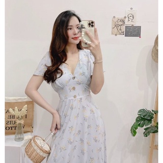 Đầm hoa nhí cổ V nút bọc gỗ có dây thắt eo