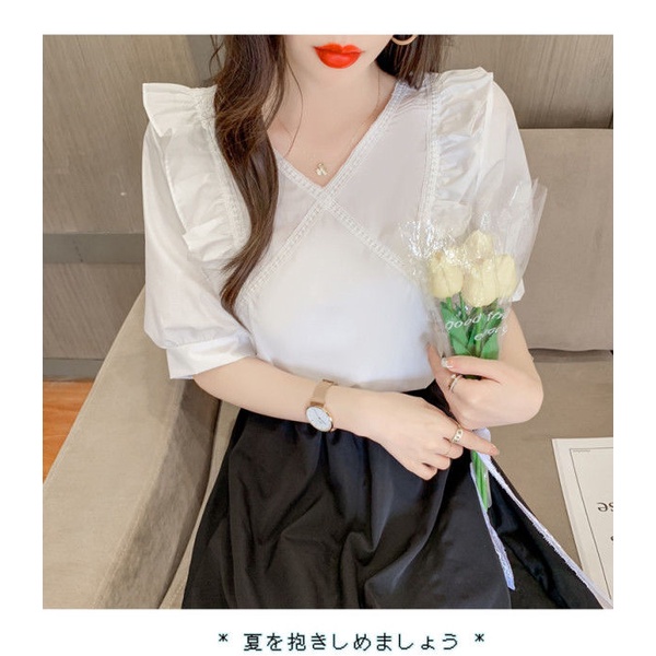 Áo kiểu tay ngắn phồng cổ chữ V dáng rộng phong cách Hàn Quốc thời trang cho nữ