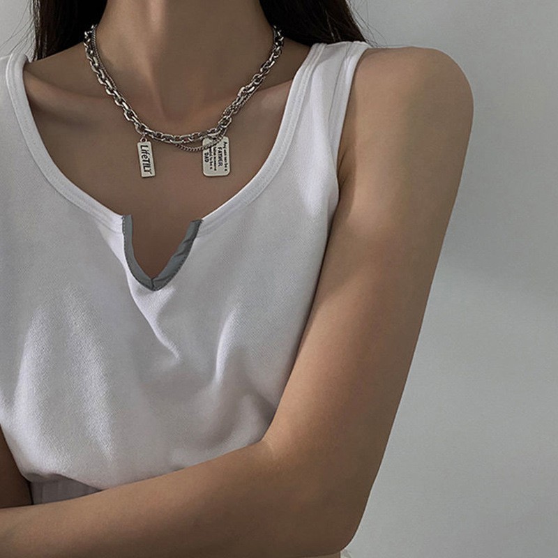 Vòng cổ thép titan hai lớp mặt chữ cá tính thời trang nữ