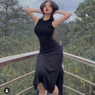 [Ảnh thật] Đầm body thun gân xẻ tà