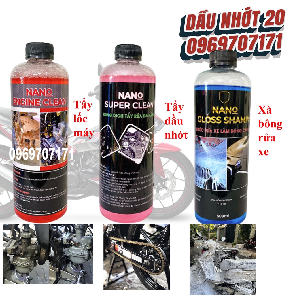 [TẶNG CỌ RỬA] COMBO 3 CHAI TẨY NHÔM, TẨY NHỚT, RỬA XE XÀ BÔNG NANO CHUYỂN TẨY RỬA LÓC MÁY, TẨY RỬA HỢP KIM NHÔM, RỬA SÊN