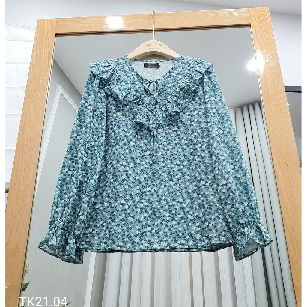 Áo sơ mi nữ bèo ngực hoa nhí Xuu Design, Áo kiểu tay chuông tiểu thư chất vải Chifon nhẹ mát [TK21.04 hoa xanh]