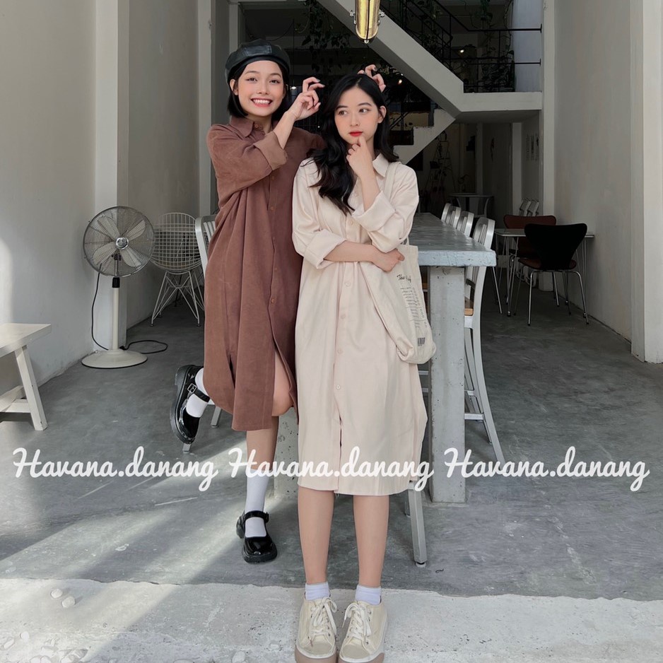 Đầm sơ mi dáng suông chất nhung AE61