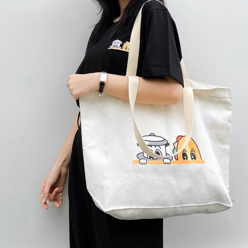 Túi Tote Vải Canvas Cao Cấp - Size lớn, Dây đeo không nhăn, Có khóa kéo, Ngăn phụ bên trong - Cà phê Bánh mì