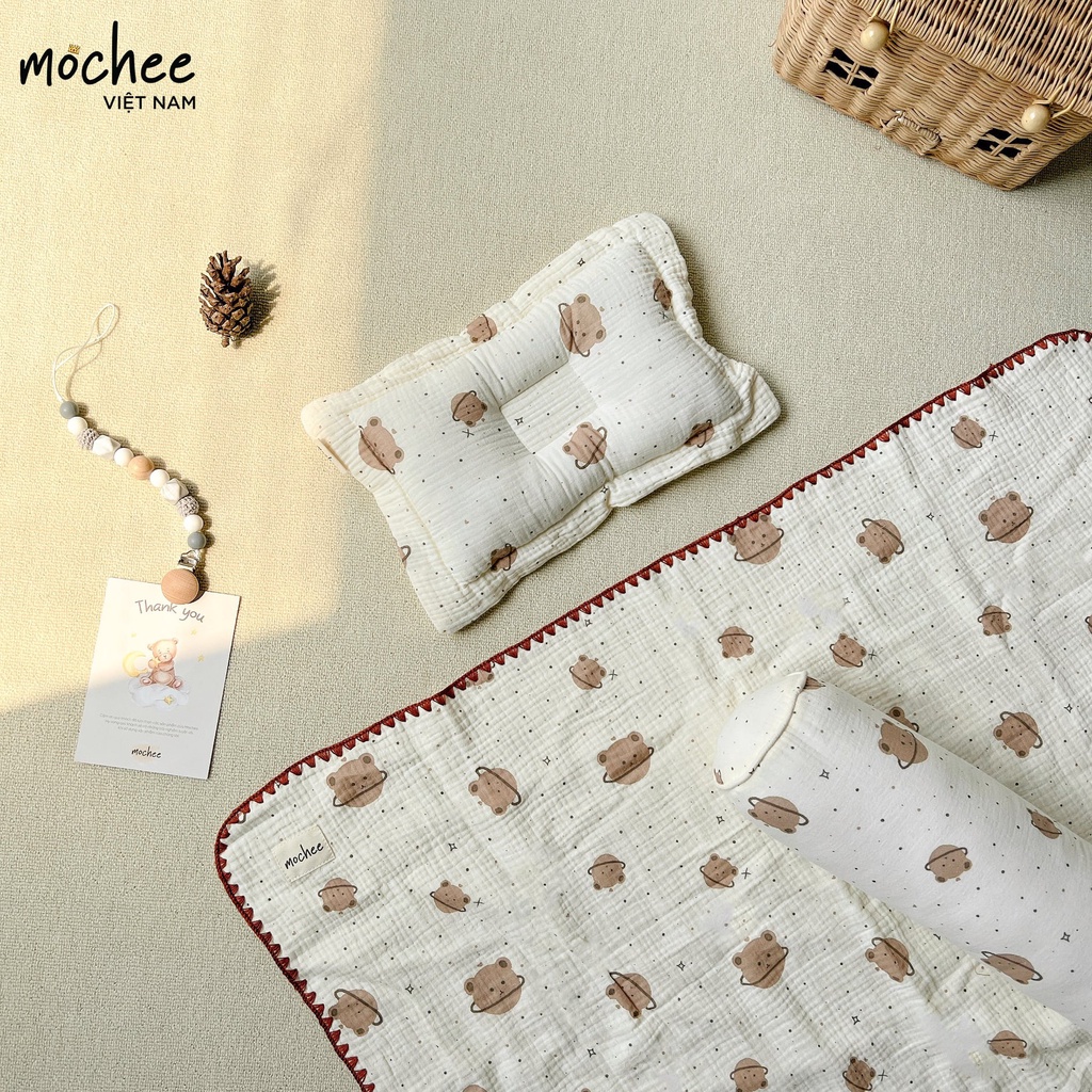 BỘ CHĂN MỎNG KÈM GỐI MUSLIN MOCHEE CHO BÉ KÍCH THƯỚC 100X120CM