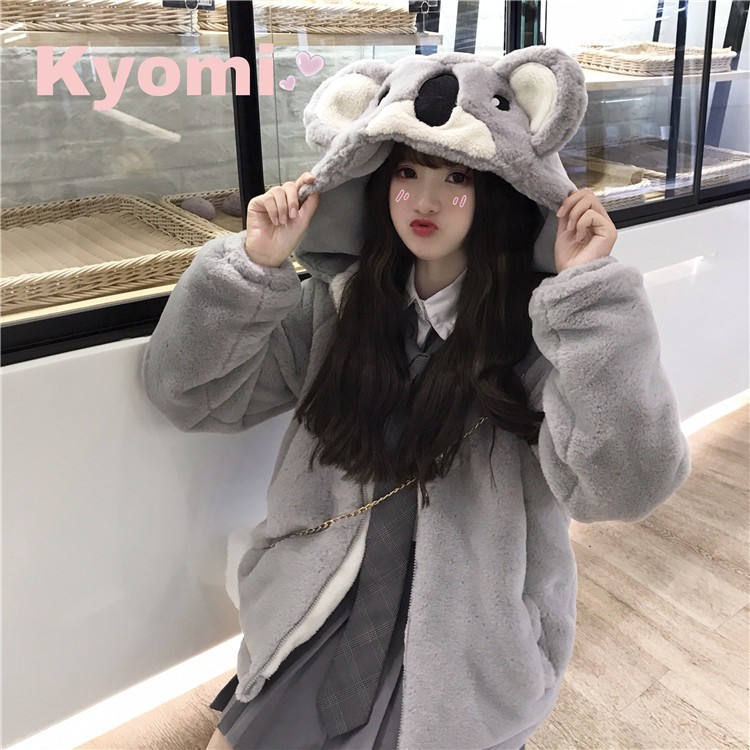 Áo khoác vải bông nữ dễ thương ấm áp màu xám tai gấu koala ulzzang