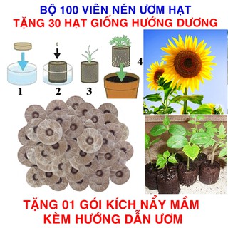 100 viên nén ươm hạt (tặng 30 Hạt giống Hướng dương cao + Kích thích nẩy mầm, Hướng dẫn)