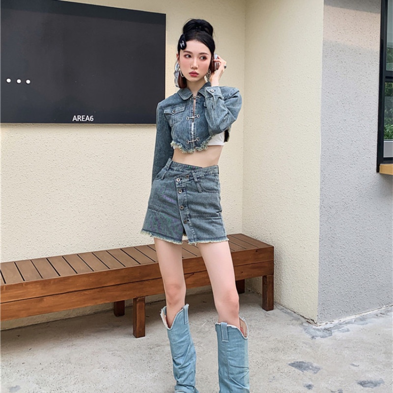 Set Áo Khoác Jeans Dài Tay + Chân Váy Jeans Thời Trang Nữ