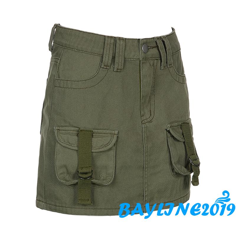 Chân Váy Ngắn Lưng Cao Phối Nhiều Túi Màu Trơn Kiểu Vintage Thời Trang Cho Nữ