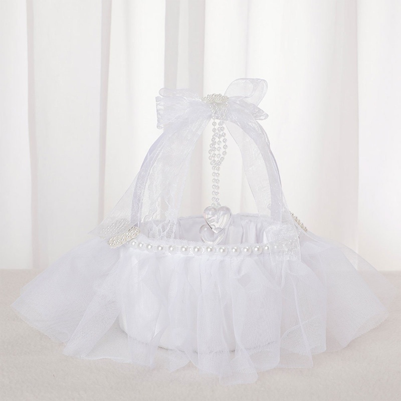 Giỏ Hoa Bằng Satin Có Tay Cầm Đính Nơ Ren Và Ngọc Trai Xinh Xắn