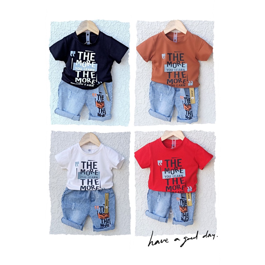 Set Jean Bé Trai, Set Quần Jean mềm kèm áo Thun tàu in chữ The More chất đẹp cho bé trai 10-18kg