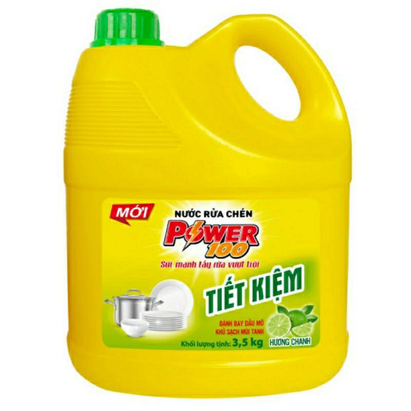 Nước rửa chén bát power100 h ywowng chanh tự nhiên can 3.5kg siêu tiết kiện