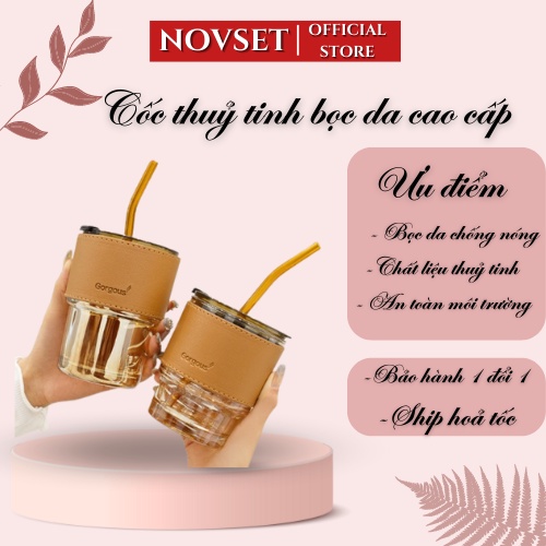 Cốc thủy tinh bọc da có nắp kèm ống hút, Ly thuỷ tinh bọc da sang chảnh chống bỏng pha sữa cafe 450ml
