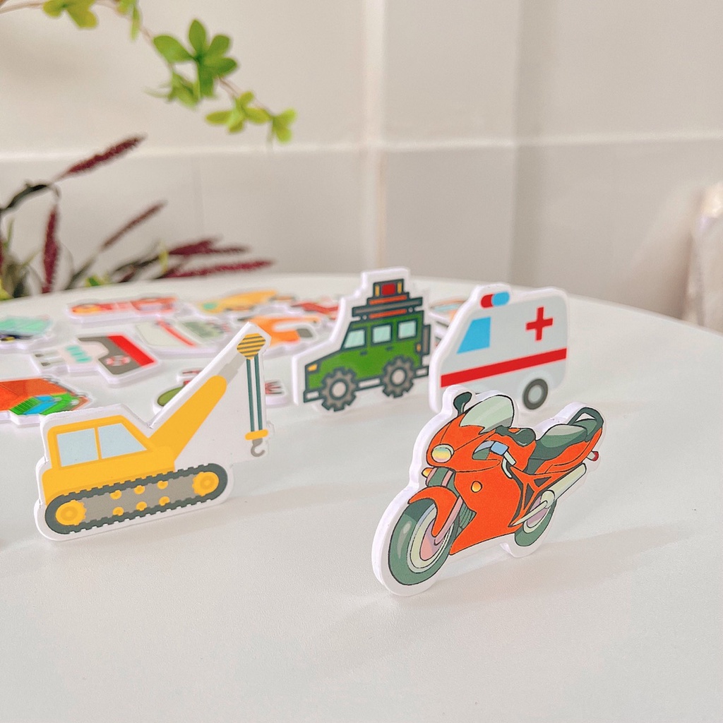 Bộ phương tiện giao thông có nam châm dùng cho bảng từ hoặc dán tủ lạnh, sticker cho bé