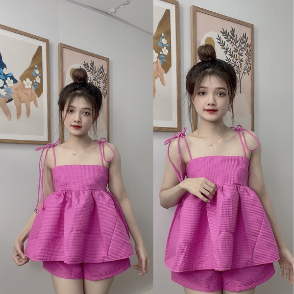 Set babydoll nữ ,set đồ nữ babydoll ,áo bánh bèo babydoll dây cột nơ kèm quần chất xốp đứng form siêu xinh PLS60